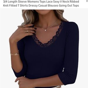 Women's 3/4 Down Sleeve Navy Lace V-Neck Women's Top